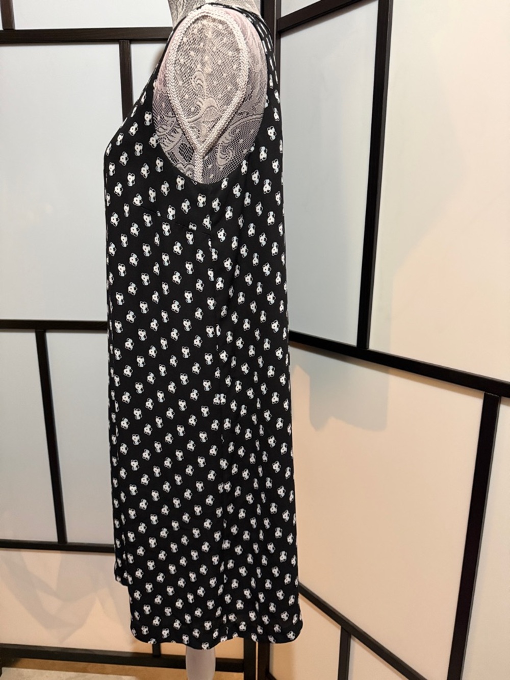 LOFT Black. White and Blue V-Neck Patterned Midi Dress - Picture 3 of 6